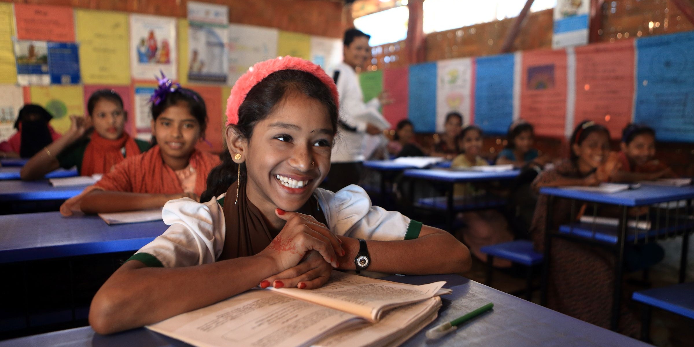 Ismat Khatun is 12 years old and attends grade 6 in an all-girls class at the Chayabithi Learning Center, located in Camp 4 of the Rohingya Refugee Camp in Cox's Bazar, Bangladesh. Credit: GPE/Salman Saeed